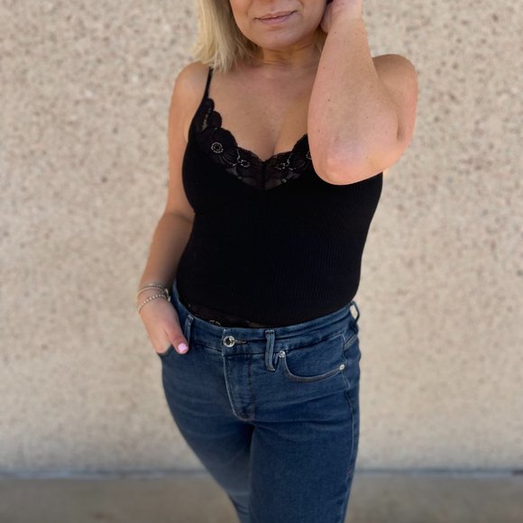 BLACK RIBBED LACE CAMI - Picture 1 of 5